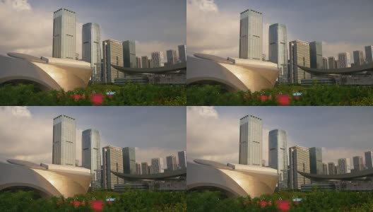 阳光明媚的日落深圳市区慢镜头全景4k中国高清在线视频素材下载
