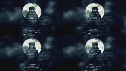 一个传统的日本城堡在一个夜晚的满月在海上高清在线视频素材下载