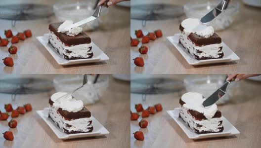 用新鲜草莓做巧克力蛋糕高清在线视频素材下载