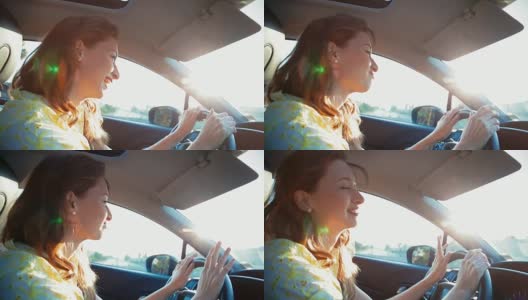 年轻女子在车里欣赏音乐高清在线视频素材下载