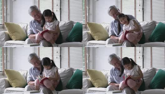 老人在家里的客厅里教女孩一起读书。带着孩子的老人坐在膝盖上。白种人家庭观念，教育，小学和成长学习。4 k决议。高清在线视频素材下载