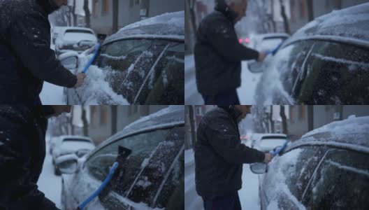 一位老人在暴风雪后清洗他的汽车高清在线视频素材下载