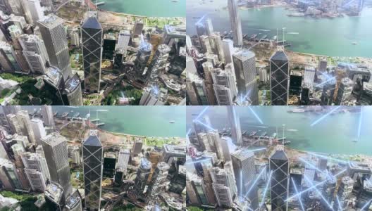 上午香港鸟瞰图，塔身与通讯科技网络相连。高清在线视频素材下载