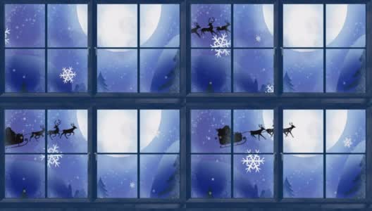 圣诞老人在雪橇上被驯鹿拉着的黑色剪影动画高清在线视频素材下载