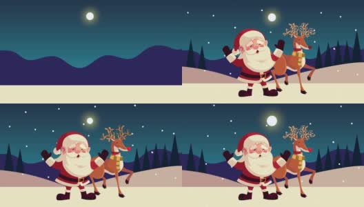 圣诞快乐动画与小圣诞老人和驯鹿在风景高清在线视频素材下载