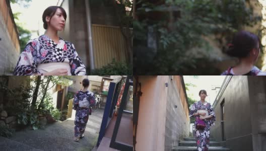 一名日本女子走下狭窄小径的台阶高清在线视频素材下载