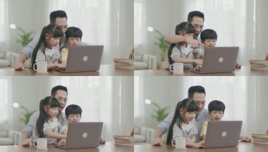 单亲父亲在家工作的时候和孩子一起做多项任务。高清在线视频素材下载