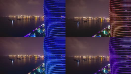 夜光三亚湾著名酒店综合体屋顶全景4k时间推移海南岛中国高清在线视频素材下载