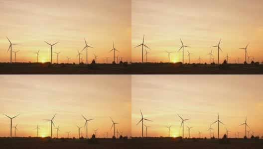 风力涡轮机或风车农场在农村的电力生产。风力发电机的概念是可持续能源、可再生能源和清洁能源的概念。高清在线视频素材下载