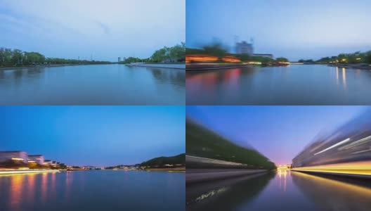 日落时分乘中国船沿河而行。间隔拍摄4 k hyperlapse高清在线视频素材下载