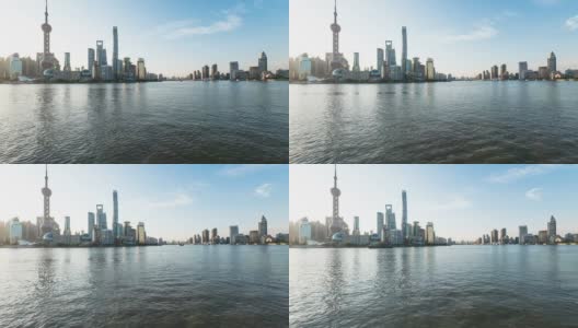 busy ships on river and panoramic cityscape of  shanghai at sunset,time lapse.高清在线视频素材下载
