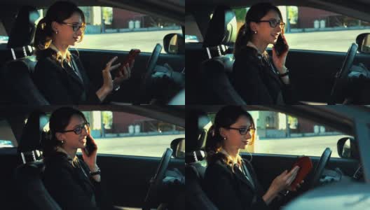 中型摄影车拍摄-女商人在停车-拨号-快乐的电话高清在线视频素材下载