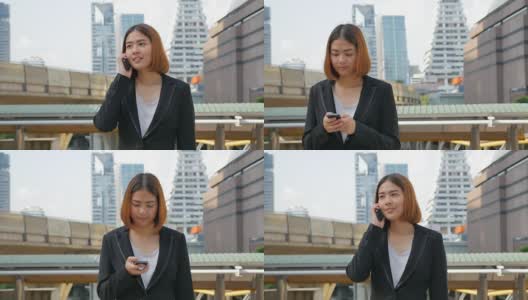 4K:女商人使用智能手机接听电话，滑动滑动高清在线视频素材下载