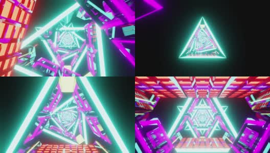 明亮的霓虹灯三角形科幻隧道背景通过宇宙飞船VJ循环高清在线视频素材下载