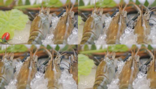 冰上河虾和新鲜海鲜特写，摇拍，4k(超高清)高清在线视频素材下载