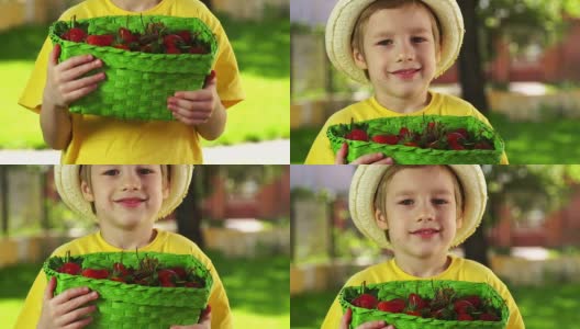 小男孩拿着一个装满草莓的篮子高清在线视频素材下载