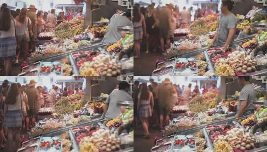 巴塞罗那Boqueria市场的果汁和水果高清在线视频素材下载