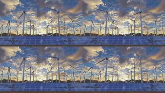 可再生能源农场纺纱风车发电机和创新的太阳能电池板高清在线视频素材下载