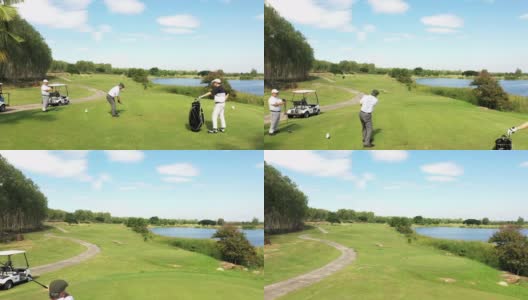 4K鸟瞰一群亚洲人在夏日阳光明媚的高尔夫球场上打高尔夫。高清在线视频素材下载