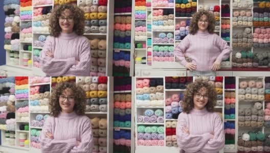 年轻的白人女性企业主，在她的织物商店商店高清在线视频素材下载