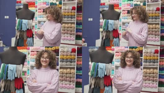 女企业主的肖像，在她的织物商店商店高清在线视频素材下载