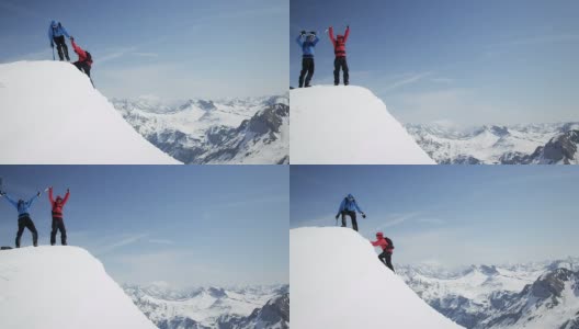 攀登者互相帮助到达白雪覆盖的山峰高清在线视频素材下载