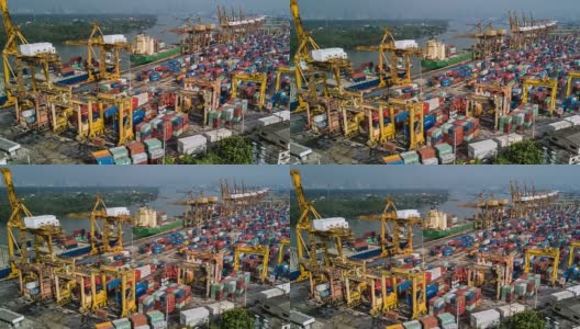 航拍曼谷商业港口的集装箱沿饶普拉雅河，泰国曼谷。高清在线视频素材下载