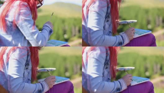 山上画的红头发女人高清在线视频素材下载