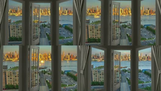 窗口视图纽约曼哈顿时光流逝城市摩天大楼日落高清在线视频素材下载