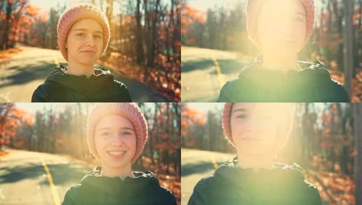 16岁的漂亮女孩秋天在户外散步的视频肖像高清在线视频素材下载