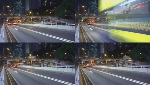 时间推移，香港夜间多车道公路及楼宇的繁忙交通。高清在线视频素材下载