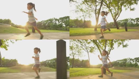 Slo Mo女孩在日落时在公园里跑步高清在线视频素材下载