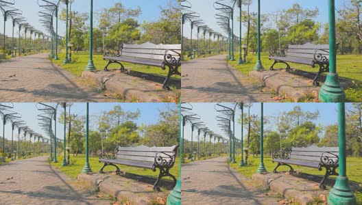 多莉:公园的草坪和人行道上的长椅。高清在线视频素材下载