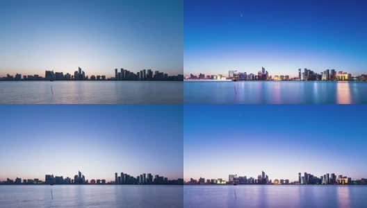 杭州的天际线和现代建筑在江边黄昏到夜晚，时光流逝。高清在线视频素材下载