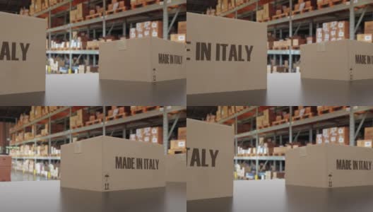 传送带上有意大利制造文字的盒子。意大利商品相关的可循环3D动画高清在线视频素材下载