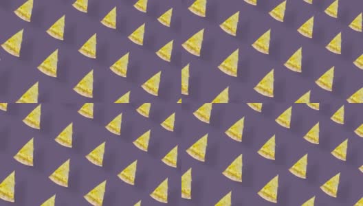 披萨的彩色图案孤立在紫色背景与阴影。披萨切片的无缝图案。前视图。现实的动画。4 k视频运动高清在线视频素材下载