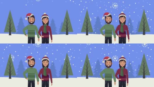 圣诞快乐，夫妻在雪景动画高清在线视频素材下载