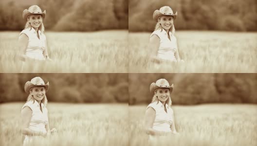 HD CRANE:小麦里的女人的肖像高清在线视频素材下载