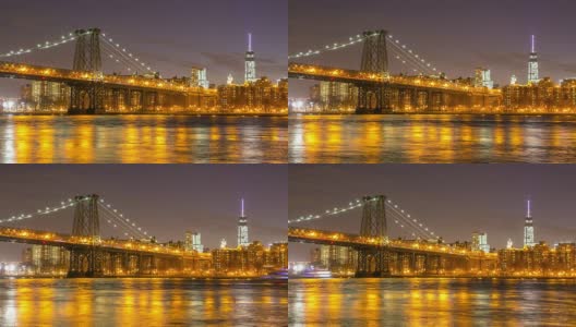 高清时间推移:晚上的威廉斯堡桥，纽约布鲁克林高清在线视频素材下载