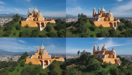墨西哥乔鲁拉普埃布拉大教堂Popocatapetl航拍高清在线视频素材下载