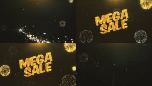 Mega Sale贺卡文字揭示从金色的烟花和烟花在闪闪发光的魔法粒子火花之夜庆祝，祝愿，事件，信息，节日，节日高清在线视频素材下载