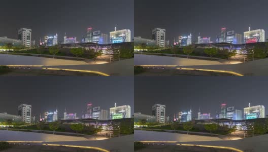 夜间延时拍摄的广场和城市天际线高清在线视频素材下载