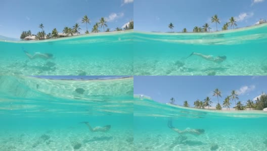 慢动作:年轻女子度假时在完美的热带水域浮潜。高清在线视频素材下载