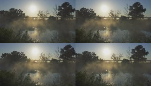 摇摄日出在雾蒙蒙的河流中反射。4 k, UHD高清在线视频素材下载