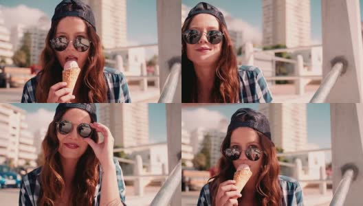 都市时尚少女在夏日吃冰淇淋高清在线视频素材下载
