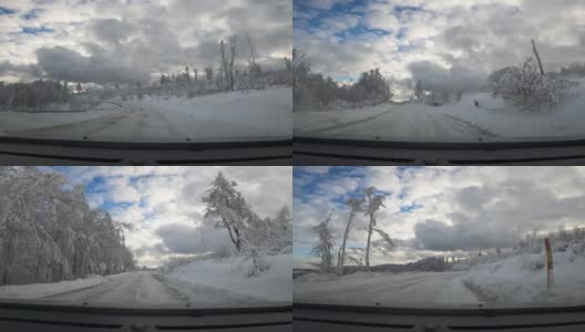 驾车穿过雪原森林高清在线视频素材下载