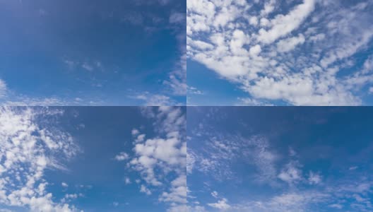 在夏日阳光明媚的日子里，云朵在晴朗的蓝天中移动。蓝蓝的天空飘着蓬松的白云，在春日晴空的广阔空间里遨游。高清在线视频素材下载