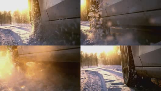 汽车轮胎溅起的雪溅进相机高清在线视频素材下载