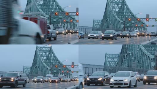 流动的交通在蒙特利尔雅克-卡地亚大桥在黎明缩小版本高清高清在线视频素材下载