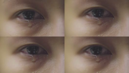 特写:眼泪从眼睛里流出，沿着脸颊流下。悲伤的受虐女性棕色眼睛哭泣，亚洲模特。高清在线视频素材下载